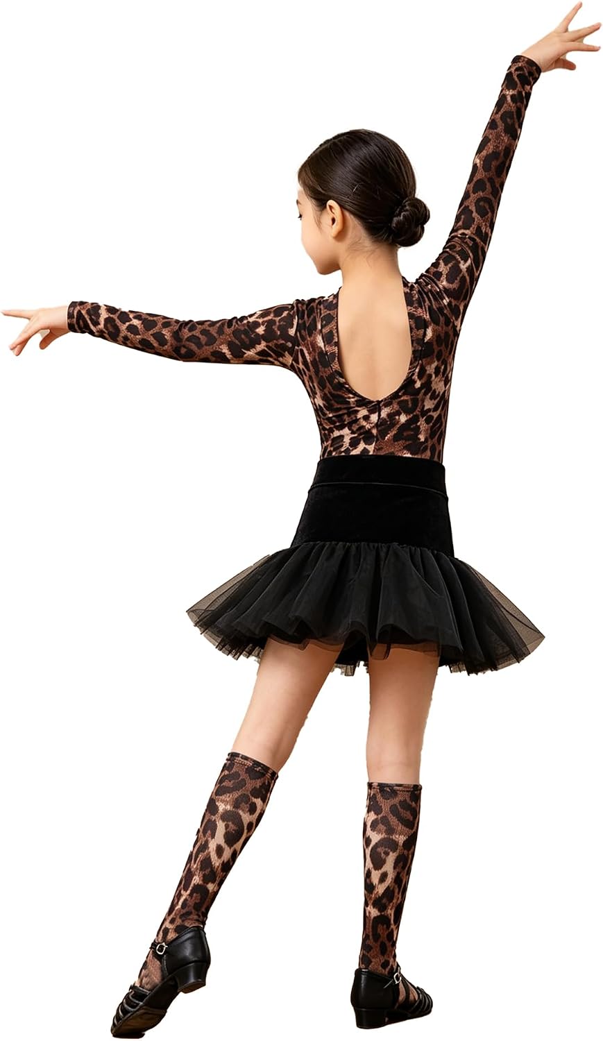 Loyan Kids Gymnastics Leotard Leopard Print Bodysuit Latin Dance Jumpsuit for Competitions Stage Performance