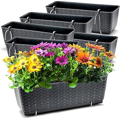 BigDean 6er Set Blumenkästen für Balkon-Geländer - Rattan-Optik - Anthrazit - Balkonkästen mit Metall-Halterungen Cover