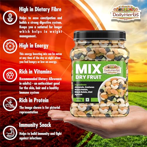 Image of DAILYHERBS Premium Mix Dry Fruits 500g | Fit for Fasting | Healthy Snacks Mixed Nuts Contain Almonds, Cashews, Raisins, Apricots, Dates, Kiwi | Superfood Nut Mix for Daily Energy & Snacking