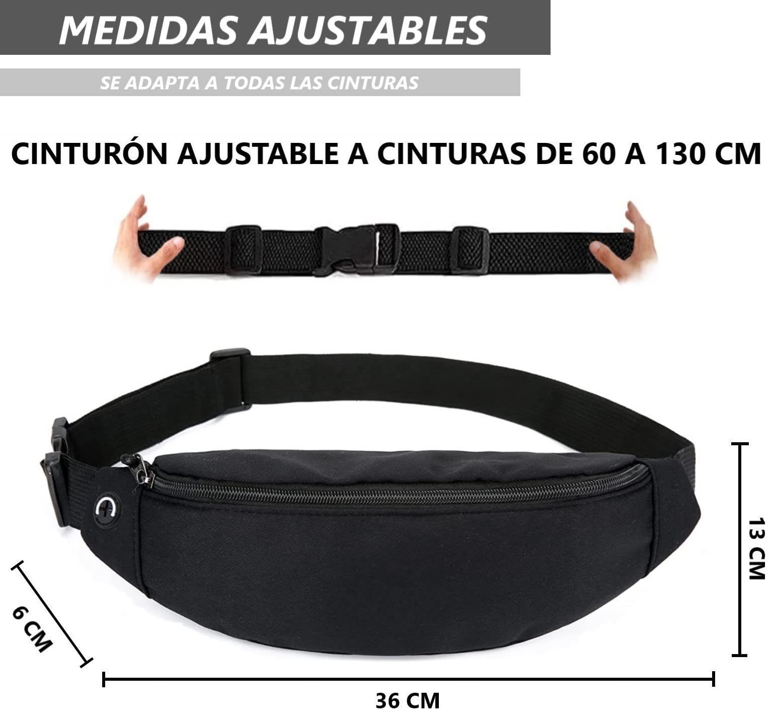 Riñonera Deportiva para Hombre y Mujer de Tela con Cinturón Ajustable para Entrenamiento al Aire Libre, Senderismo, Viaje y Casual, Colgante para Llaves Gratis de Regalo. (Negro)