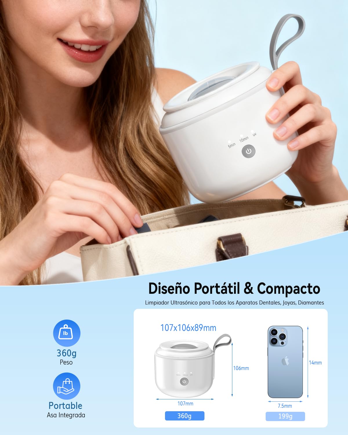 Jeatone Limpiador ultrasónico inalámbrico de 48 kHz, 125 ml, limpiador ultrasónico de prótesis con luz U-V para aparatos ortopédicos, cabezales de cepillo de dientes, joyas, 3 modelos, diseño portátil