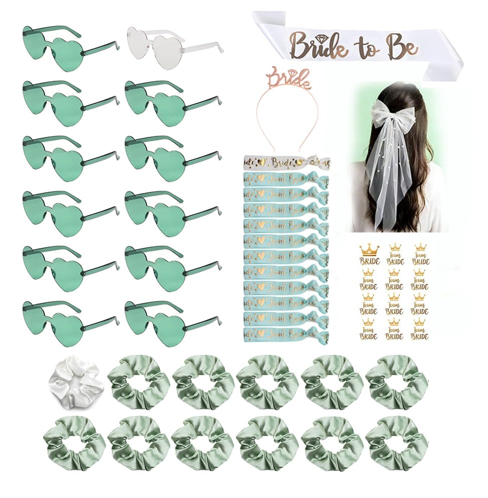51 Stück Jga Accessoires Frauen, JGA Brille Team Braut Haargummi Armbänder für Junggesellenabschied Frauen Bride to Be Schärpe Haarband Kopftuch Herzförmige Brille Haargummi Aufkleber Armband JGA Deko