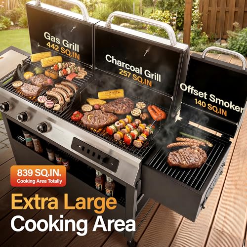 Image of Sophia & William 3-Burner Gas and Charcoal Grill Combo with Offset Smoker