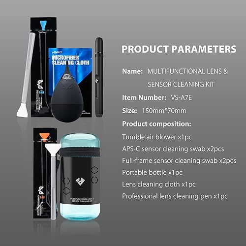 Miniatura 9 de VSGO Kit de limpieza profesional de lente pluma de limpieza de marco completo y hisopos de limpieza con sensor Aps-C, soplador de aire de cámara,