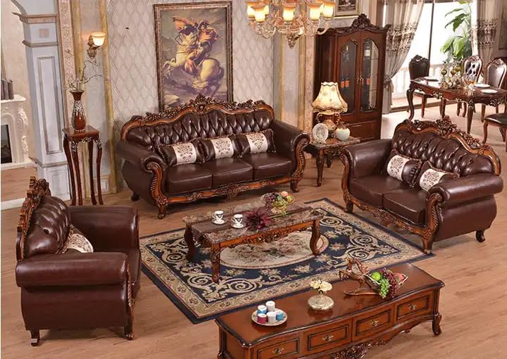 NAAZ HANDICRAFT Exquisite Rococo-Inspired Sofa Set Premium A+ Grade Teak Wood & Silk Fabric Upholstery for Living Room/Guestroom/Conference Room (Sofa 02)