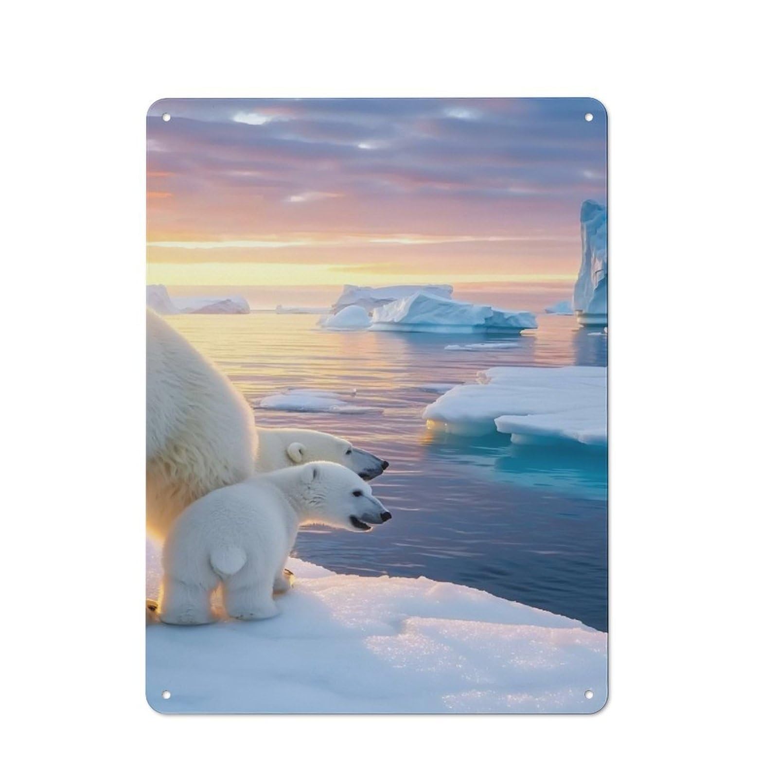 Junmoney Style-15 Vintage Metal Plaque 40X30cm Featuring Polar Bear Family At Sunset For Hallway Wall, For Wall Display Collectors