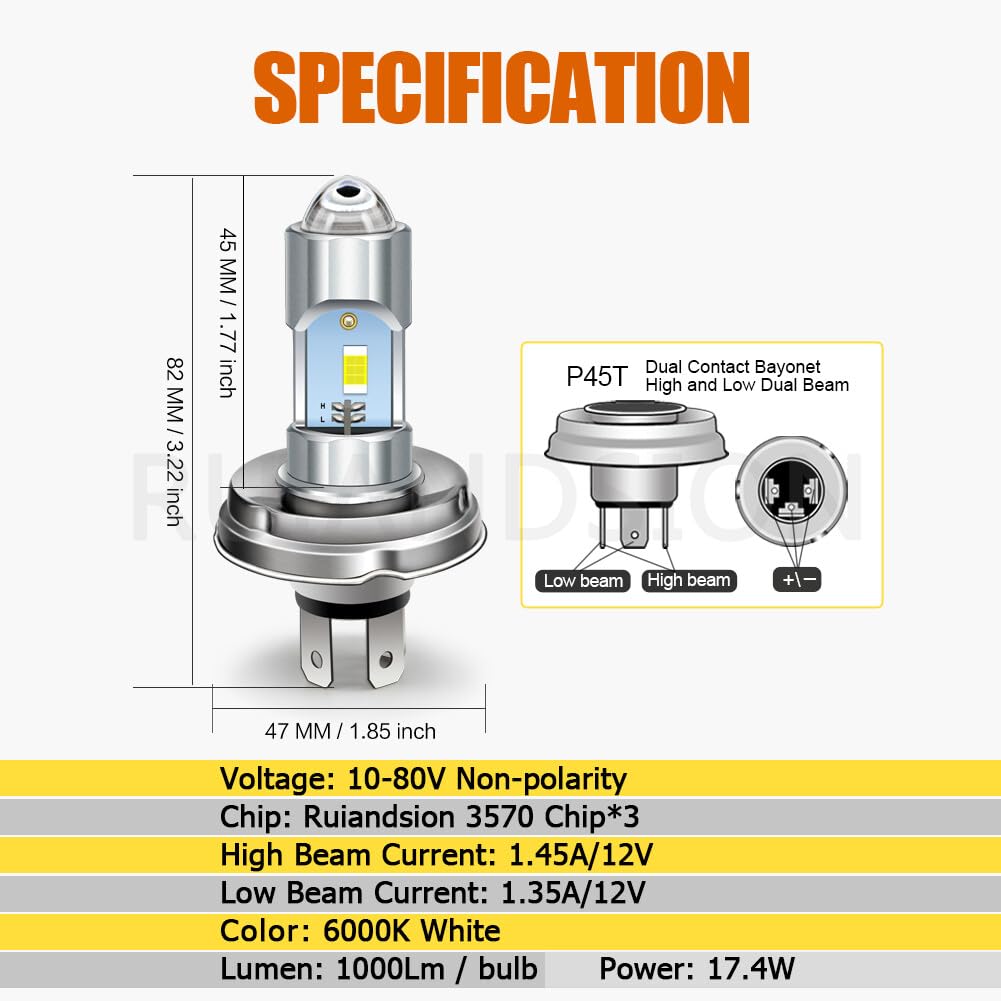 Ruiandsion P45T H5 R2 LED Lampadina Moto Non Polarità Plug and Play DC 12V 24V 10V-80V Super Luminosa Bianca Luce Alta/Bassa Sostitutiva per Moto Scooter Luci Diurne (Confezione da 2)
