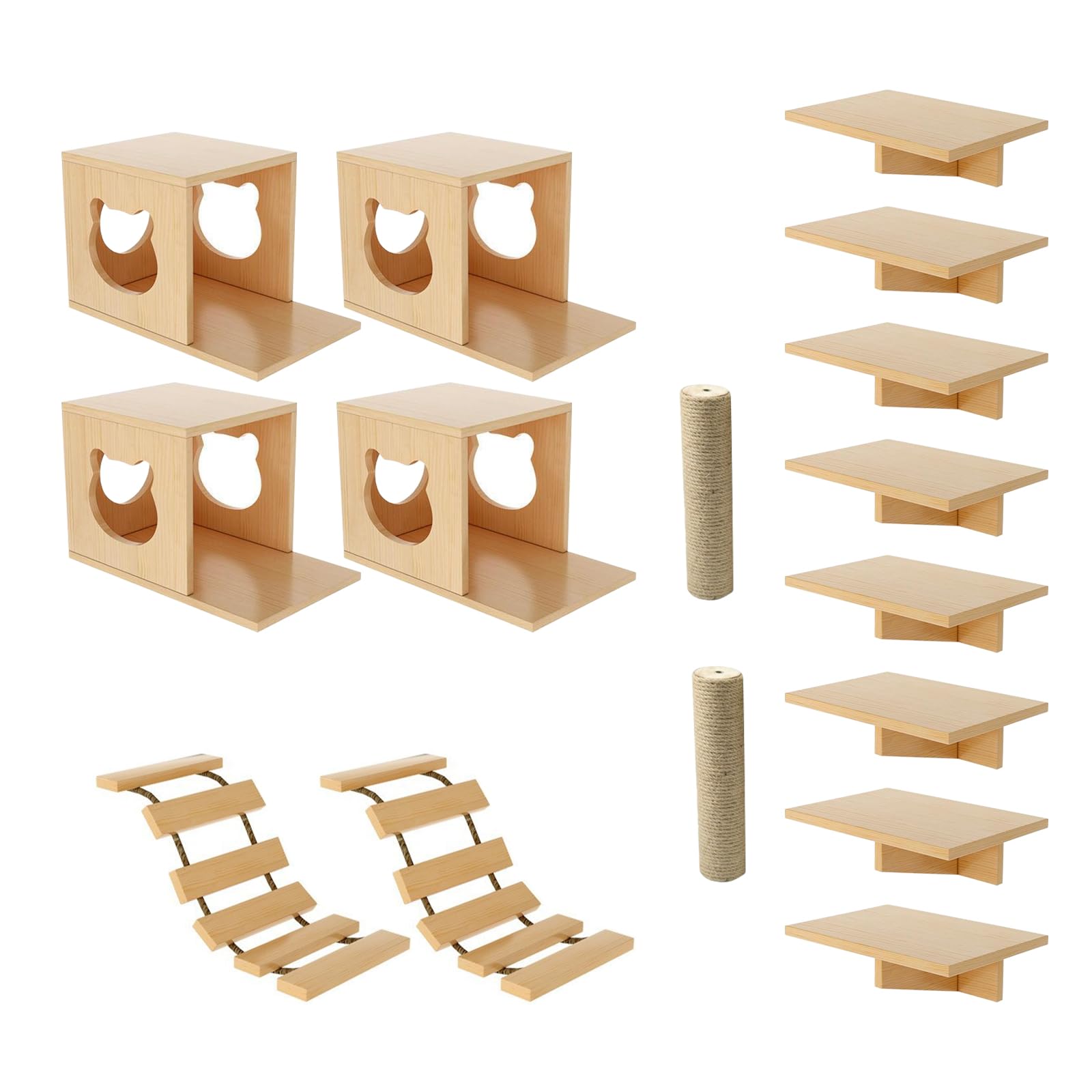 Étagères Murales pour Chat, Ensemble de Meubles Muraux en Bois avec Maison pour Chat, Plateformes d’Escalade, Escaliers, Pont Suspendu et Poteaux en Sisal, Arbre à Chat Mural Gain de Place