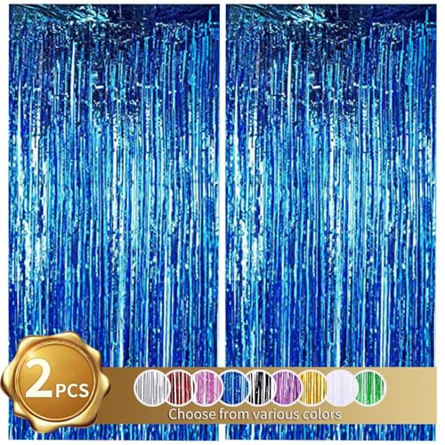 RIBBOOO Paquete de 2 cortinas de oropel azul con purpurina metalizada para fiestas, graduaciones, fondo de fotos, streamer, decoración de cumpleaños, decoración para discoteca, fiesta de Navidad (1 x