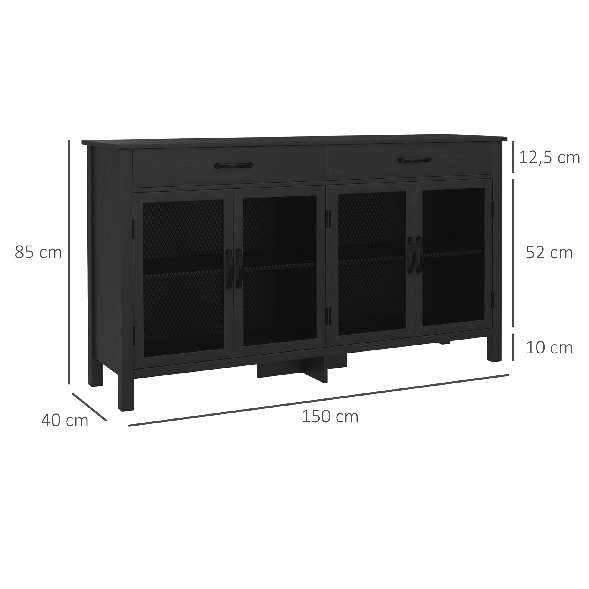 HOMCOM Mueble Aparador Bajo Armario de Almacenaje, 4 Puertas con Estantes Ajustables y 2 Cajones, Estilo Industrial, 150 x 40 x 85 cm, Color Negro