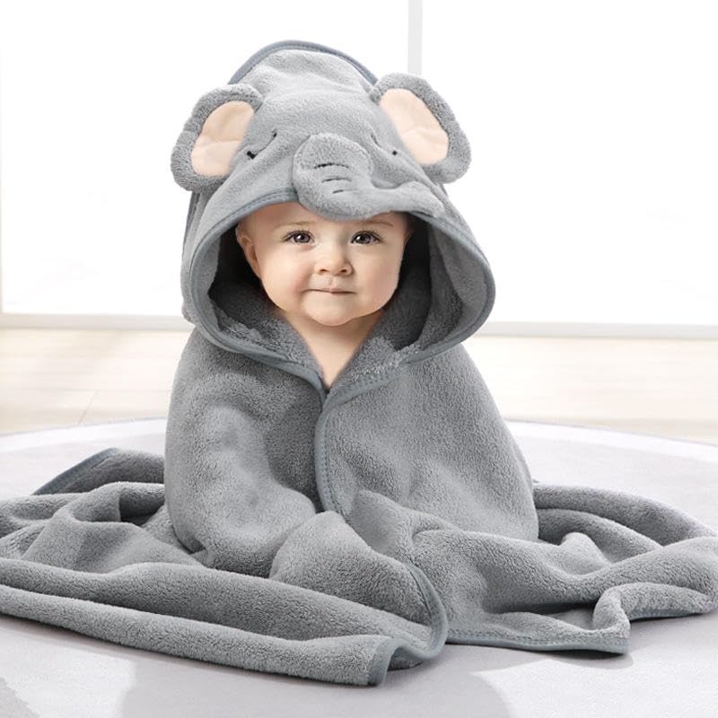 TERI BERI Baby Hooded Towel, Soft and Hypoallergenic Baby Bath Towels with Hood for Toddler Infant Newborn, Large and Absorbent Toddler Towels for Baby Boy Girl (31 x 31 inch) (Grey Elephant)-image-0
