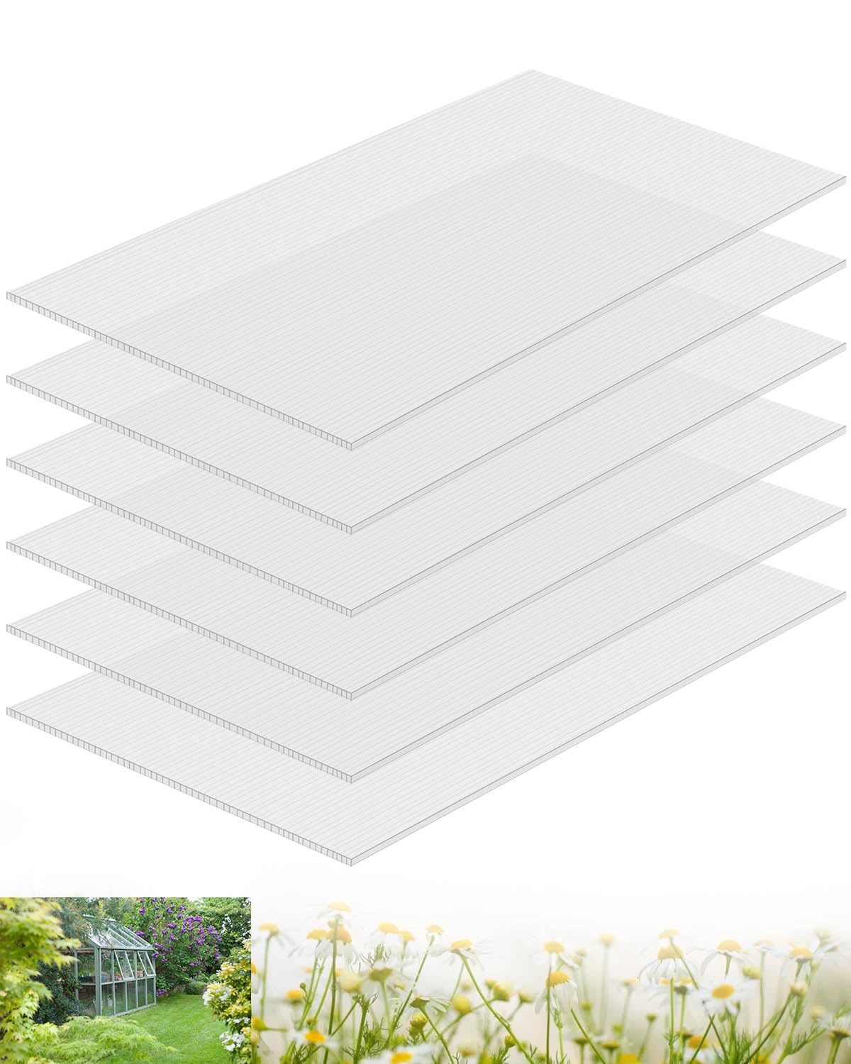 6 Pcs Polycarbonate Greenhouse Panels, 4' x 2' x 0.32'' Twin-Wall Panels, Polycarbonate Sheet for All Weather Clear Roof Panels Greenhouse Replacement Panels