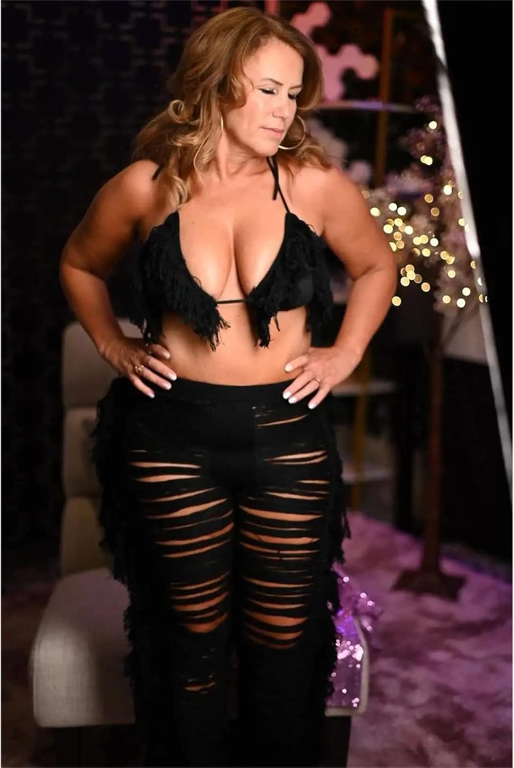 KANSOON Two Piece Sets for Women Sexy Crochet Outfits Halter Top Fringe Pants Summer Party Clubwear - Image 6