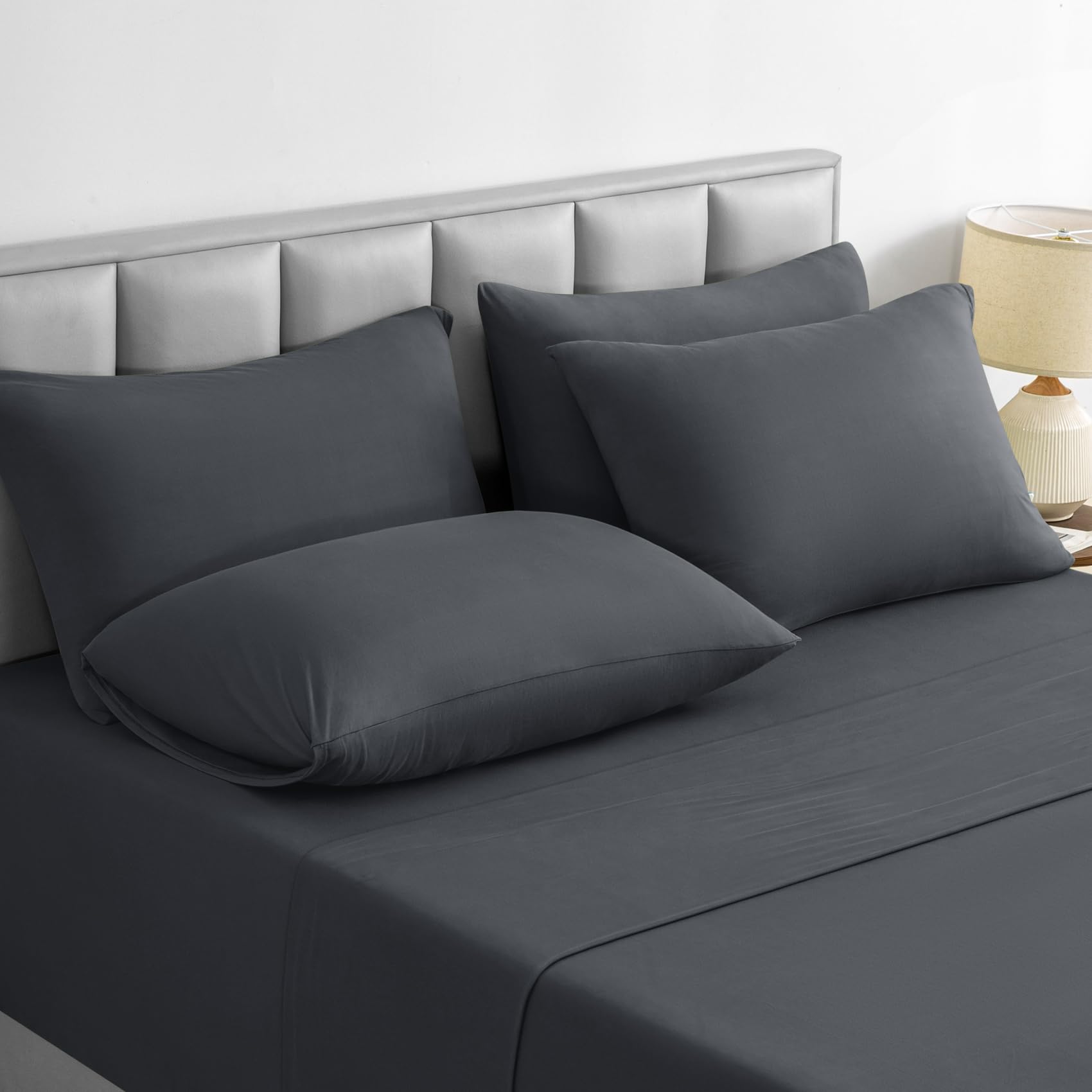 BYSURE Jersey Knit Full Size Bed Sheets 6 Pieces, Stretch Super Soft and Wrinkle-Free Bed Sheets, Spandex Blend with 18-inch Deep Pocket, Dark Grey