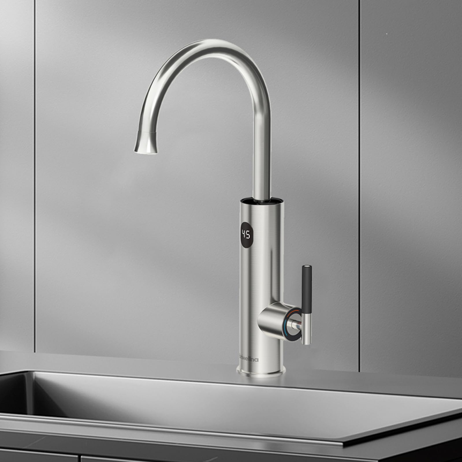 Briwellna Electric Fast Heating Tap, Kitchen Stainless Hot Water Tap with Digital Display, 360 Degree Rotate Instant Water Heater Faucet 220V (Silver)