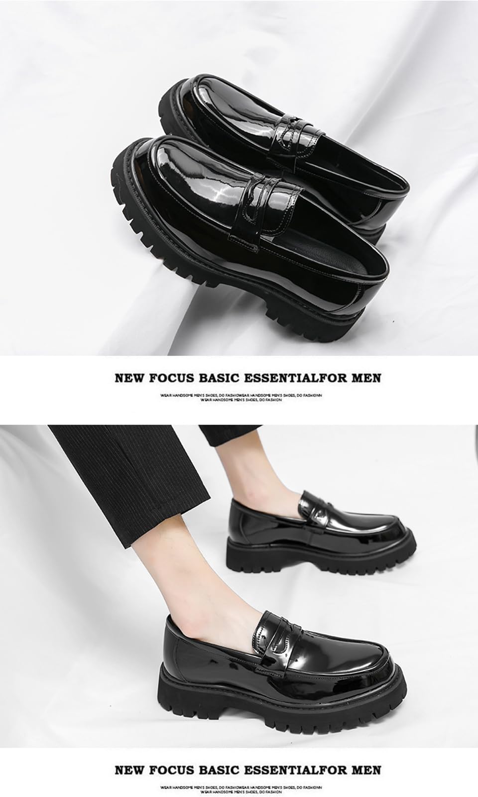 Mocassini da Uomo con Suola Spessa A Carrarmato Slip-On in Pelle Verniciata Scarpe da Cerimonia Mocassini Casual con Plateau