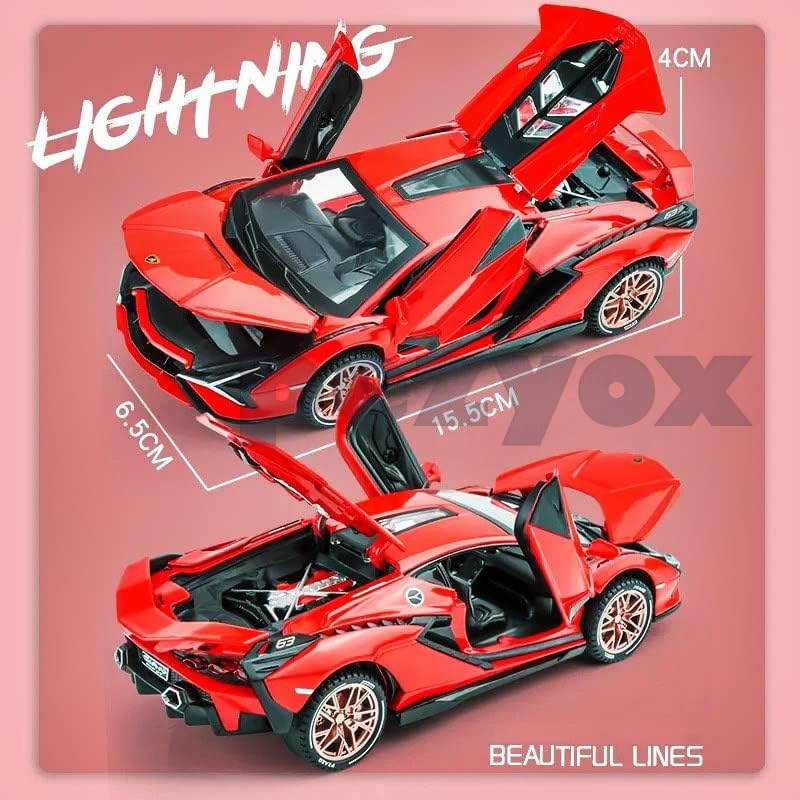 Image of 1 /24 Big Lamborghini SIAN Toy Car Metal Pull Back Diecast Car with Openable Door and Sound Light, Gifts Toys for Kids (Red)