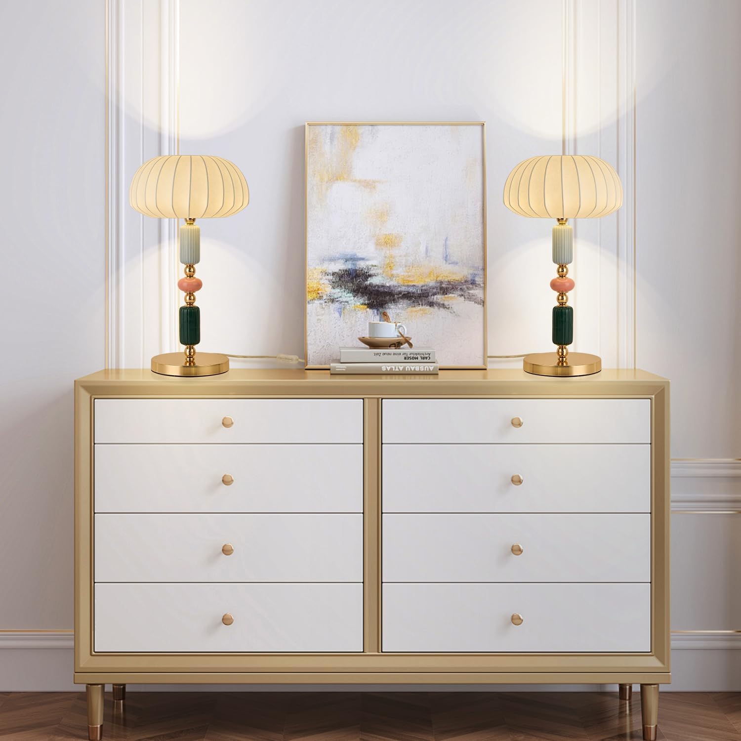 ModernSilk-Like Lampshade Table Lamp E26 Bedside Lamp with Ceramic & Metal Base, 11.81” W x 20.86” H, Small Table lamp Plug in，Modern White Ceramic lamp