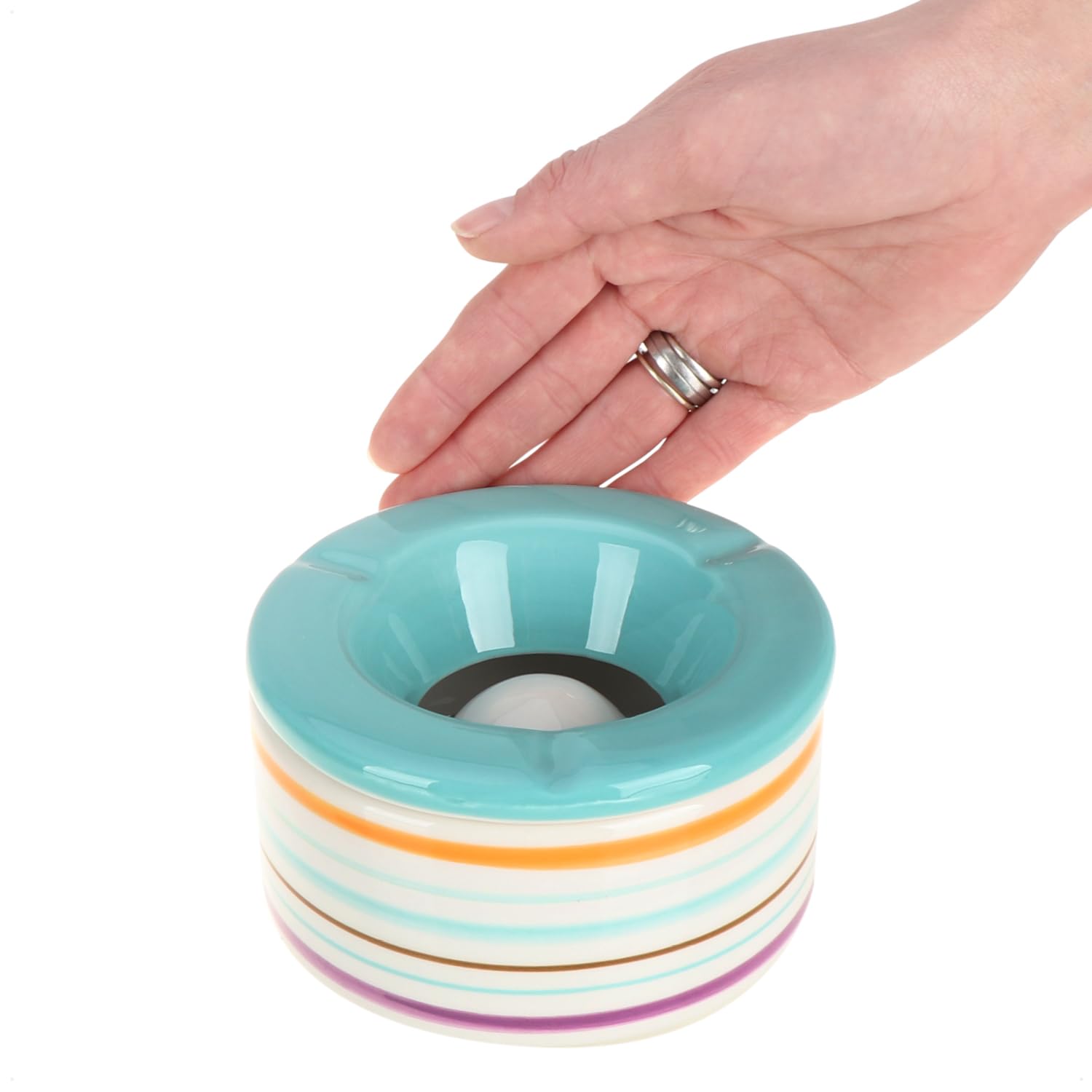 com-four® 2x Posacenere Antivento in Ceramica Dolomite - Portacenere Grande con Coperchio in Ceramica con Strisce Colorate in Blu e Verde (02 pezzi 12 cm verde blu)