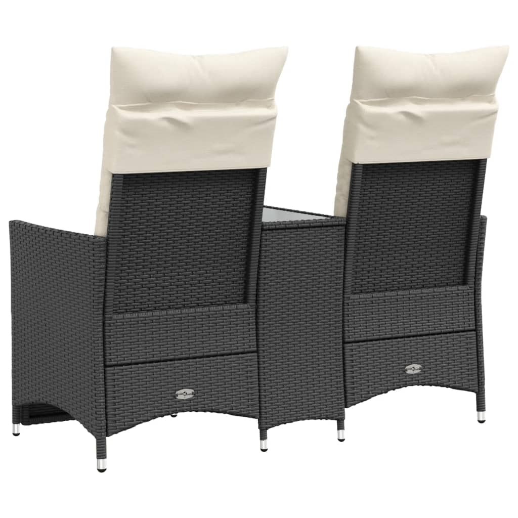 IKAYAA Balkonmöbel Set mit integriertem Tisch, Verstellbare Hochlehner Stühlen, Polyrattan Gartenbank 2-Sitzer, Gartensofa 2-Sitzer, Balkon Sitzgruppe, Schwarz, Hartglas Tisch