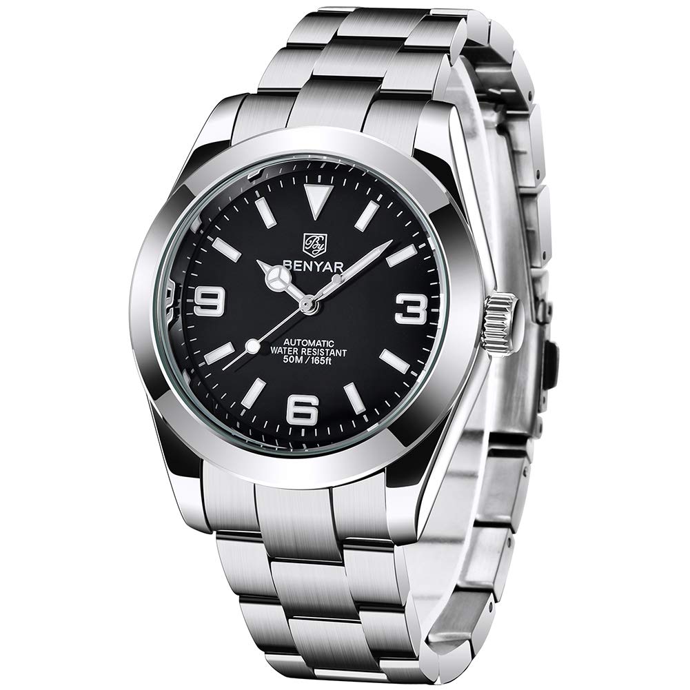 Benyar Elegante Reloj mecánico automático de 41MM para Hombre, con Correa de Acero Inoxidable Impermeable, Luminoso Reloj de Pulsera analógico