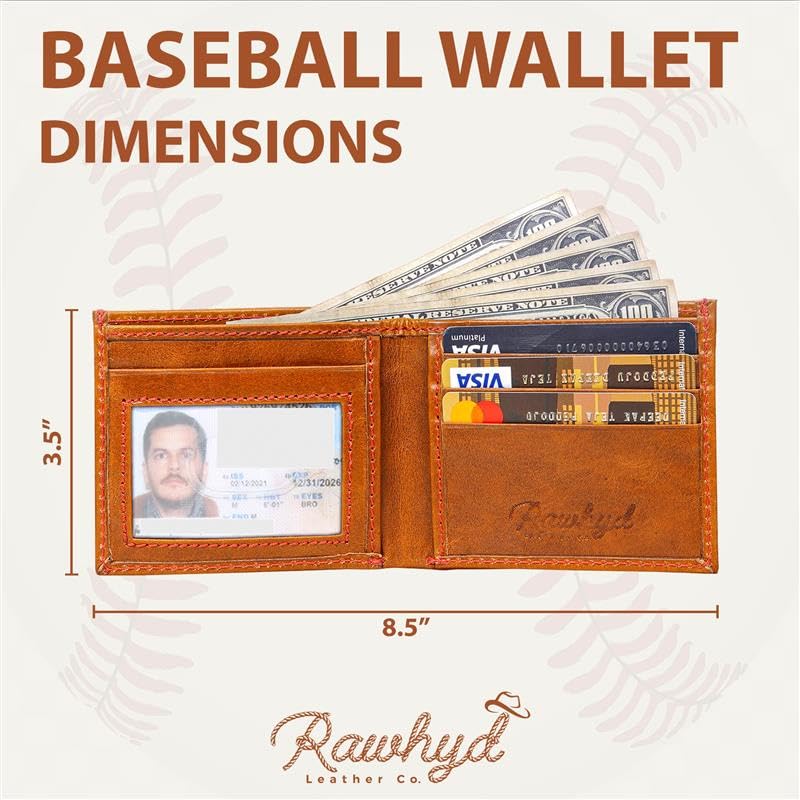 RAW HYD Full Grain Leather Wallets for Men - Sporty Designer Wallets for Men - Men's Minimalist Wallet with ID Window, Card Slots & Side Pockets - Durable Men's Leather Wallet (Baseball)3