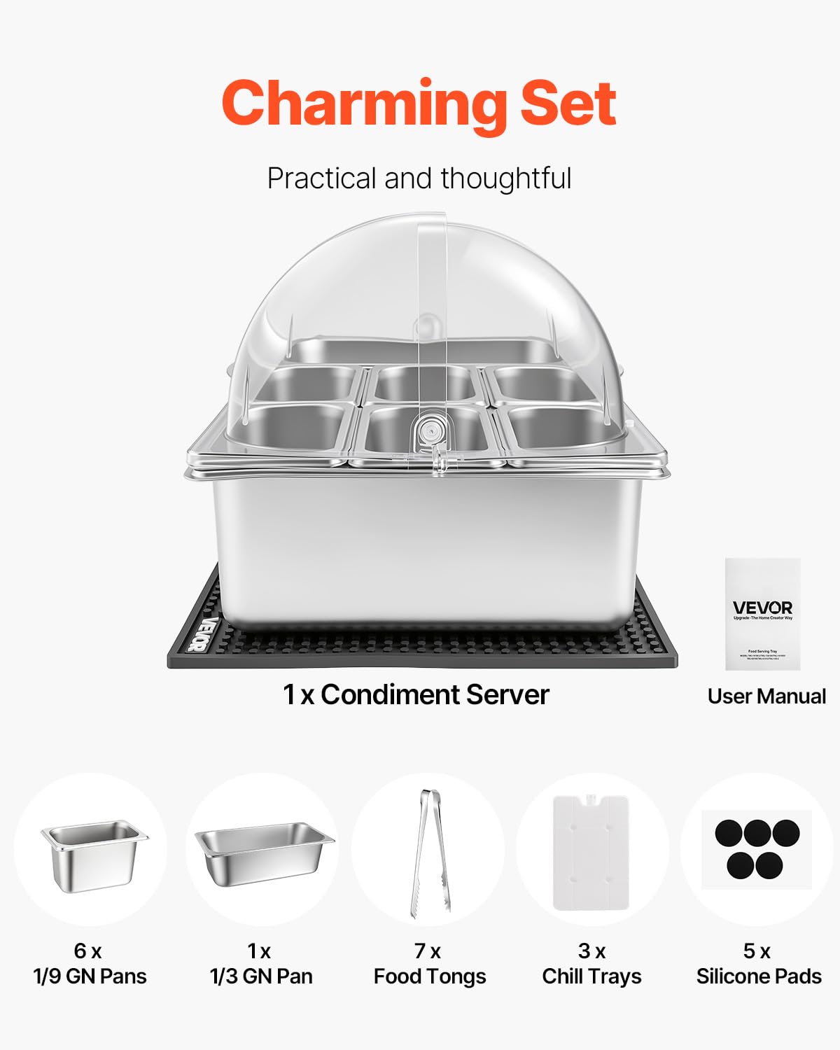 VEVOR Saladette à Poser, Vitrine Réfrigérée à Ingrédients en Inox, pour Fruits Buffet Froid Hôtel Restaurant Bar, Station de Garnitures avec 7 Bacs GN 1x1/3 et 6x1/9, Couvercle Rabattable Transparent