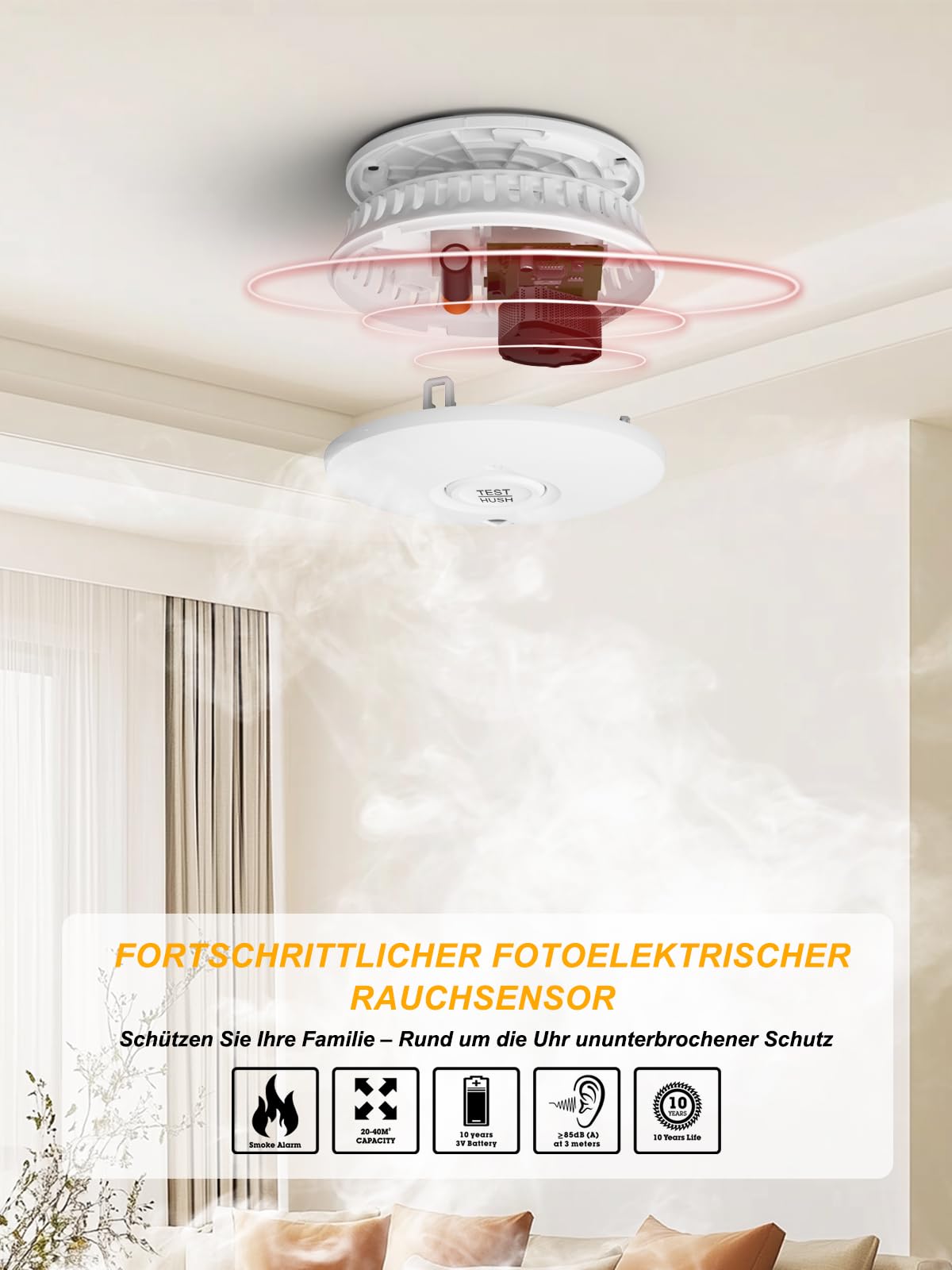 Rauchmelder mit 10-Jahres-Batterie, 4er-Set, 85 dB, Magnetplatte, DIN EN 14604, Test/Hush-Taste, Deckenmontage