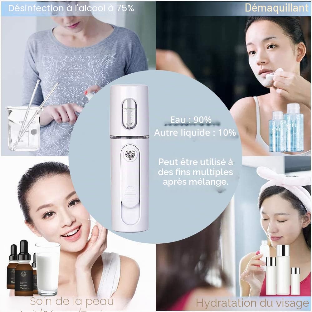 Nano Brumisateur Electrique Vaporisateur Eau Humidificateur Poche Pulvérisateur Rafraichissant pour Soin du Visage, Extension de Cils, Cheveux (Blanc)