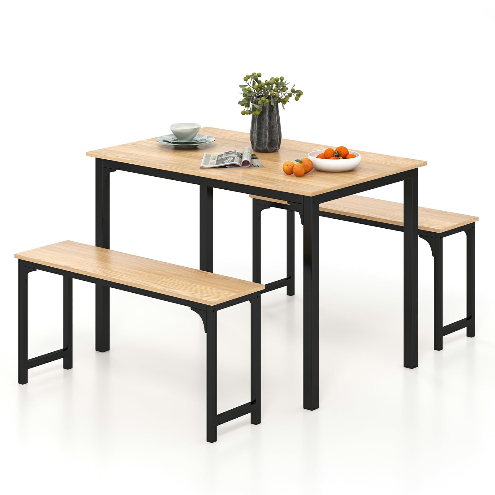 LDAILY Moccha Dining Table Set for 4, Kitchen Table with Benches,43 Inch 3-Piece Wooden Space-Saving Dinette Set with Metal Frame for Kitchen, Dining Room,Small Spaces, Industrial Brown & Black