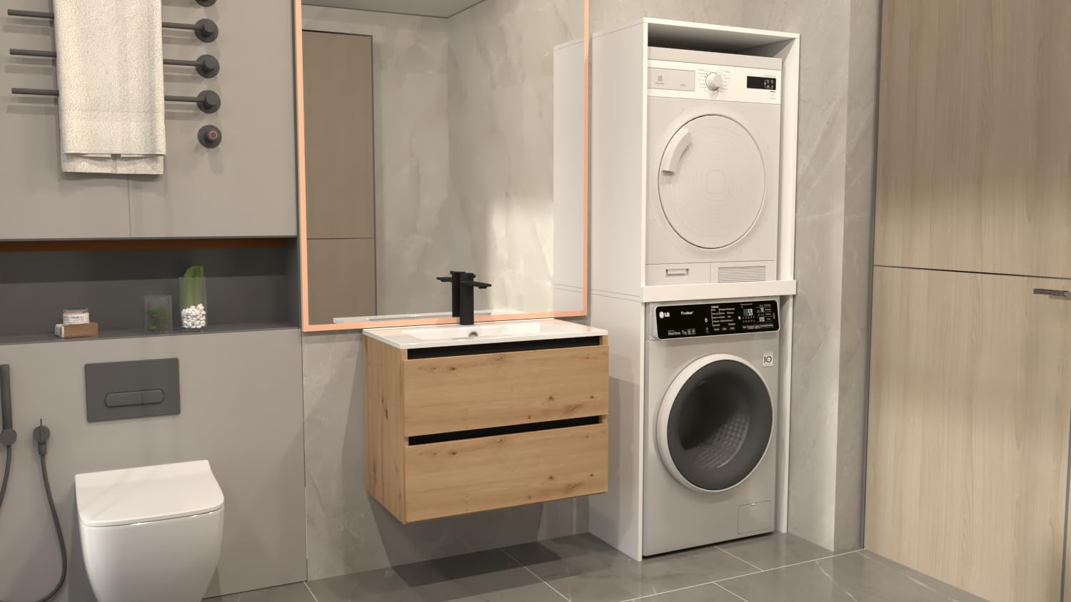 GERMAN Waschmaschinenschrank geeignet für Waschmaschine & Wäschetrockner Weiß Waschmaschinenschrank | Überbauschrank für Badezimmermöbel, 180x66x65 cm
