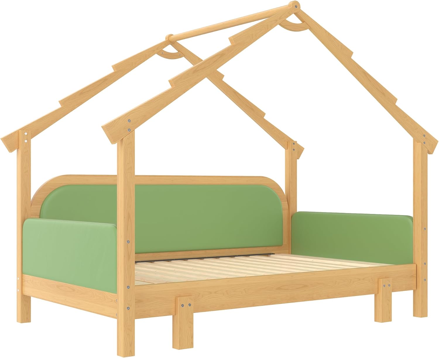 Bellemave Twin Size House Bed Frame with Expandable Trundle for Kids,Solid Wood Montessori Kids House Bed Frame with Soft Cushion Rails and Roof for Girls,Boys,Natural+Green