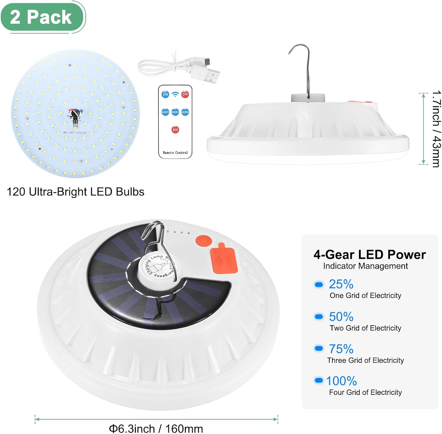 2-Pack Portable Rechargeable Camping Lights, Tent Lights LED Lantern Power Solar Battery Powered, 5 Lighting Modes, IP65 Waterproof Flashlight for Hiking/Emergency/Night - Image 3