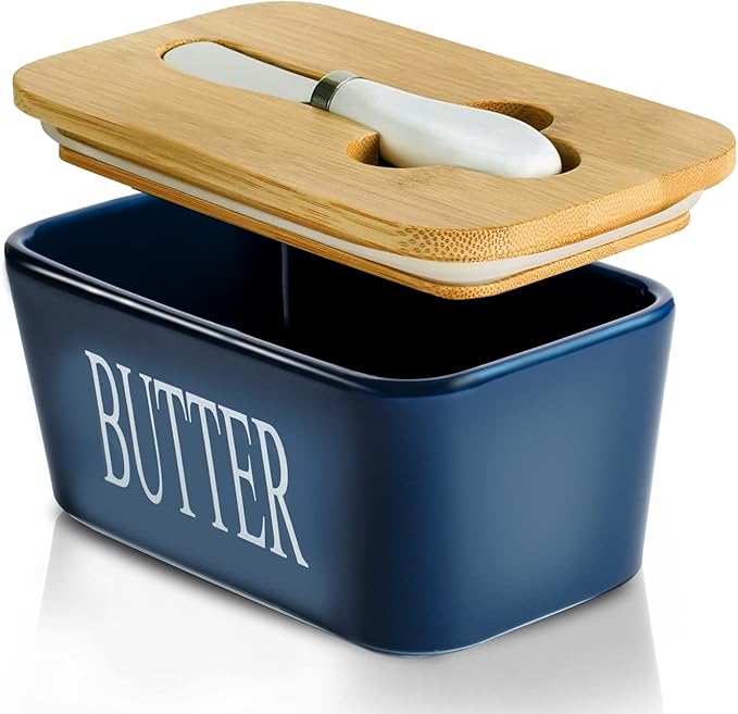 Hasense Ceramic Butter Dish with Lid,Butter Dish with Lid for Countertop,Airtight Covered Butter Keeper with Bamboo Lid and Knife,Butter Holder for Counter,Green Bloom