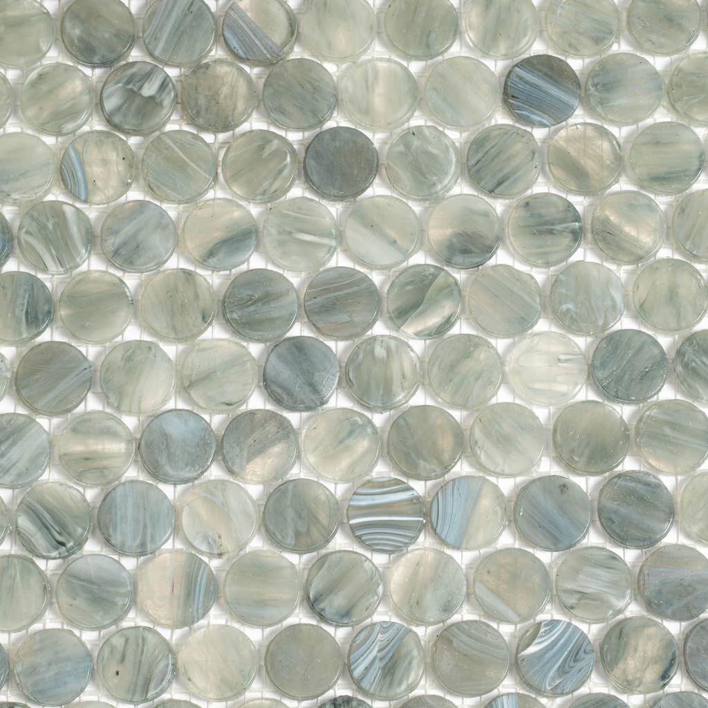 Apollo Tile 10-Pack 12.2 x 12.2-in. Gray Glossy Penny Round Mosaic Glass Wall and Floor Tile at 10.34 sq. ft. Per Case APLAPN9901EC03, Glass Mosaic Tiles for Bathroom Decor and Kitchen Decor