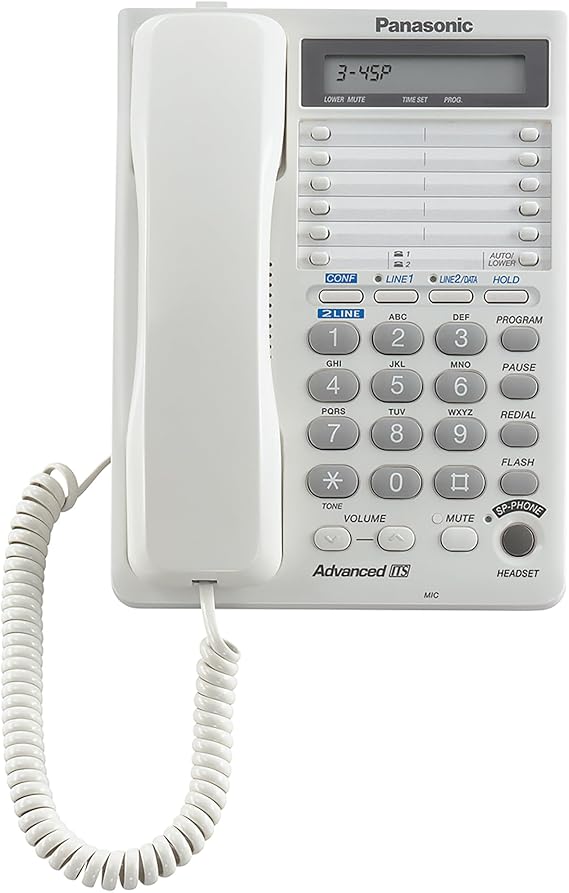 Panasonic 2-Line Integrated Corded Telephone System with 16-Digit LCD, Speakerphone, Clock, Hearing Aid Compatibility and 3-Way Conferencing - KX-TS208W (White)