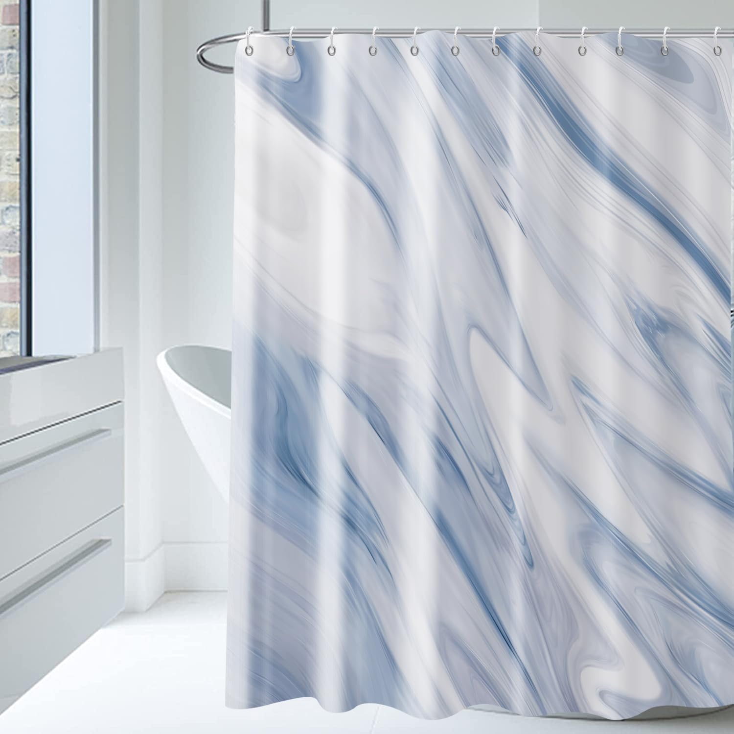 GCIREC Blue Marble Stall Shower Curtain, 200x180cm, Navy Blue Mix White Ombre Modern Abstract Wave Luxury Bathroom Curtain Bathtub Home Decor Waterproof Fabric Machine Washable with Hooks