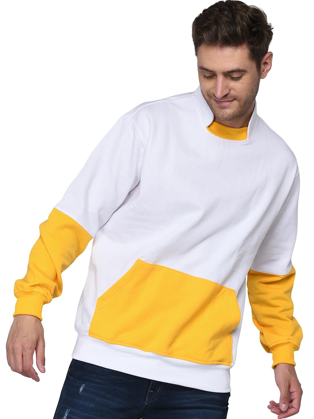 SXV Solid COLOURBLOCKED Stand Neck Collar Sweatshirt for Men & Women (White,Yellow)-image-16