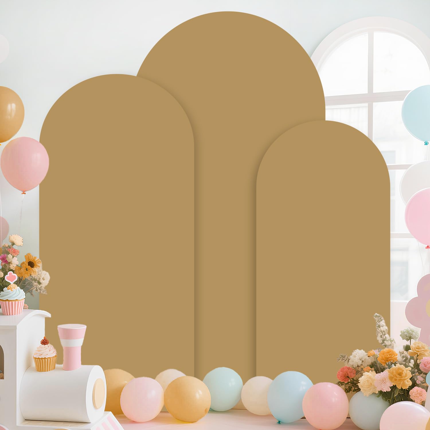 ROMANKAS Metal Arch Backdrop Stand and Cover Set 6&6.6&7.2ft Gold Wedding Arch Frame Set of 3 Khaki Arched Cover Arches Backdrop Stand for Parties Birthday Baby Shower Reception