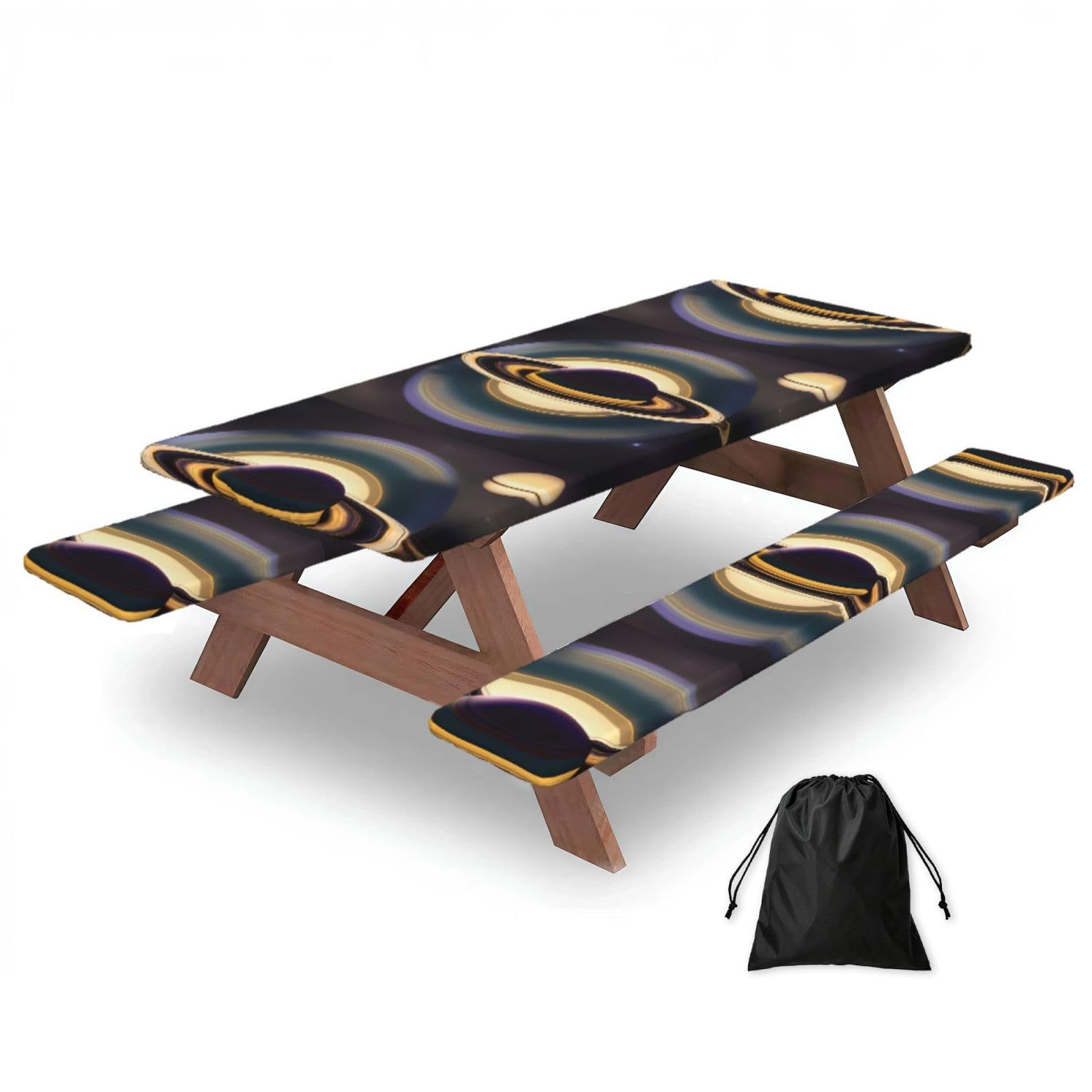 Erwqavc Black Beautiful Saturn Print Picnic Table Cover & Bench Covers 3-Pack Set, Elastic Tablecloths For 6 Ft Rectangle Tables