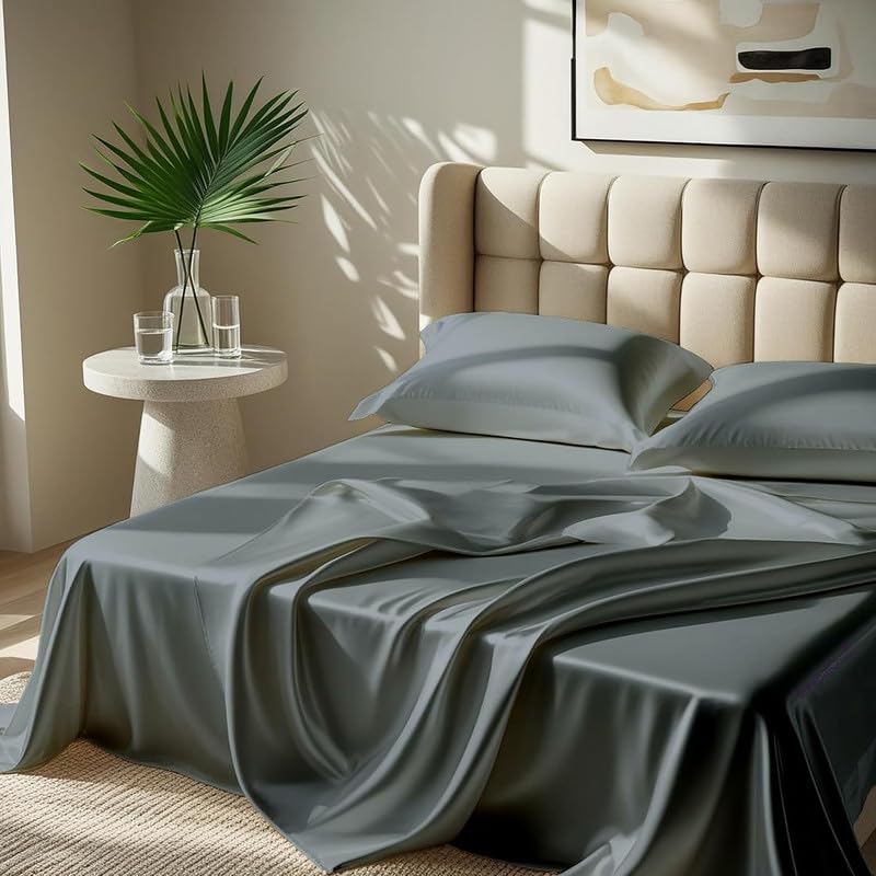 Image of Premium Satin Single Bed (60x90 Inchs) with 1 Pillow Cover Bedsheet Ultra Soft & Silky Smooth, Breathable Cooling Fabric, Luxury Glossy Finish|Coin Grey
