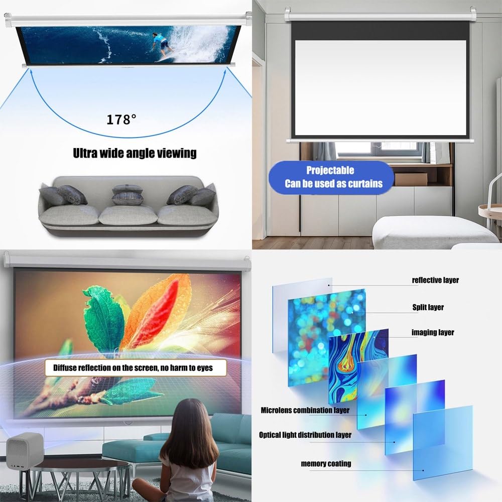 Schermo per proiezione Home Cinema videoproiettore, Formati 16:9, 4:3, HD 4K 3D Schermo per Proiettore Manuale, Guadagno 2.5, Telo da Videoproiettore Avvolgibile (Size : 60" (16:9))