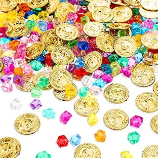 SKYLETY 100 Pieces Plastic Coins Pirate Gold Coins and 100 Pieces Pirate Gems Jewelry Acrylic Diamonds Party Supplies Pirate Party Decorations for Halloween Pirate Toys for Kids' Party Favors