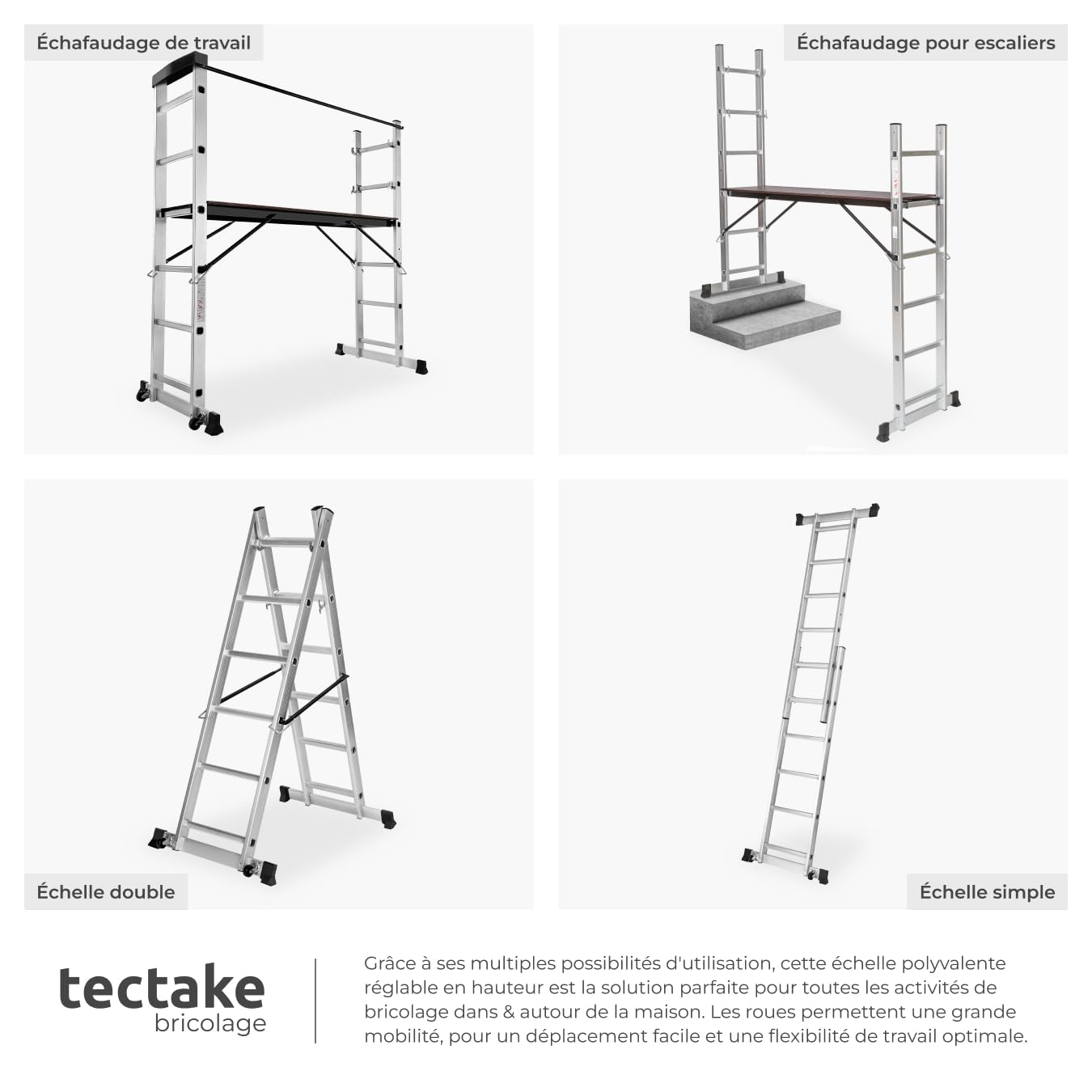 tectake® Échelle Multifonction 3 en 1 Échafaudage Roulant en Acier Plateforme de Travail Antidérapante Échelle Téléscopique Échelle Pliante Escabeau Pliant Bricolage Peinture Toiture