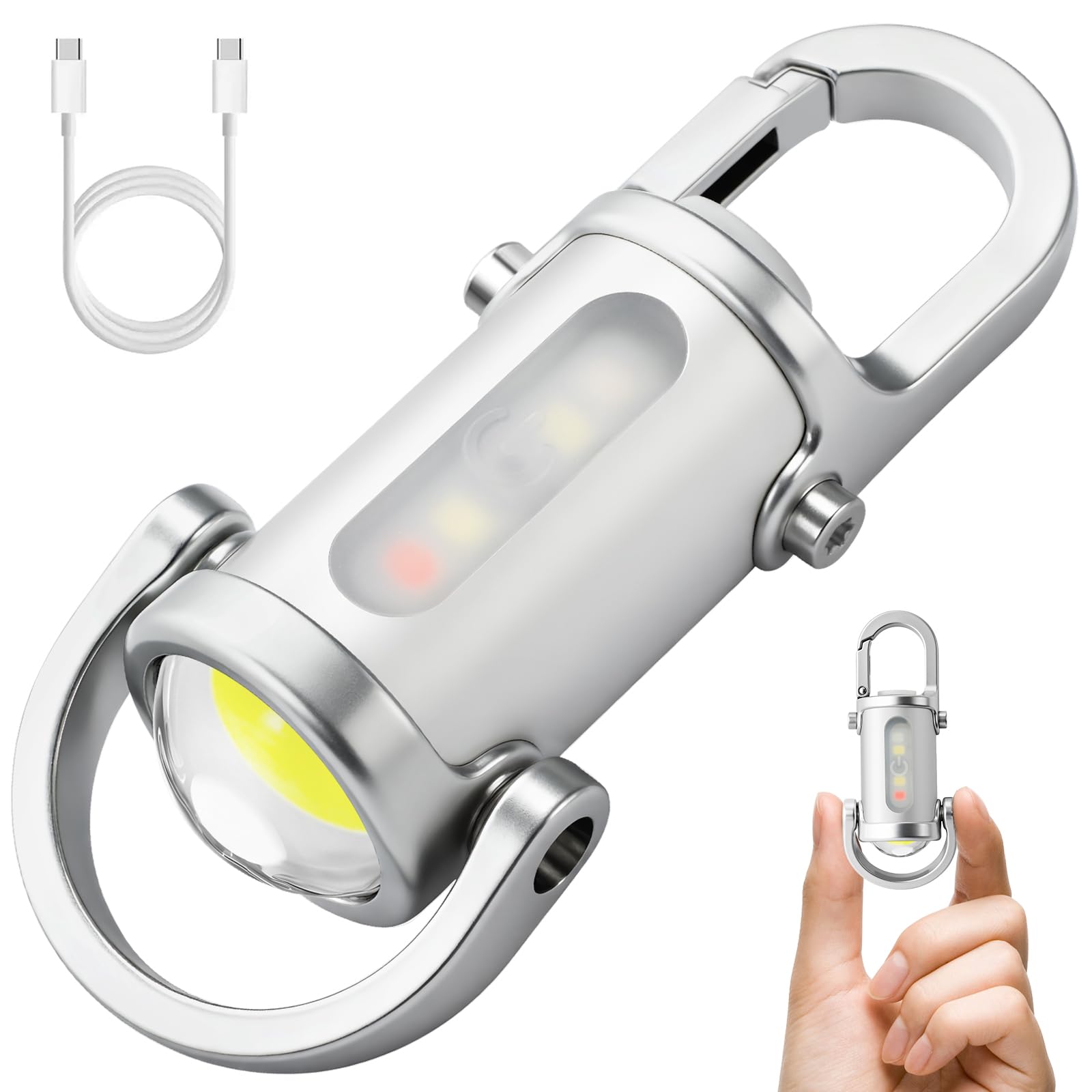 Portachiavi ricaricabile, 800 lumen, mini torce EDC, torcia COB portachiavi, 7 modalità di illuminazione, mini portachiavi luminoso per camminare, cercare e fare escursioni (bianco)