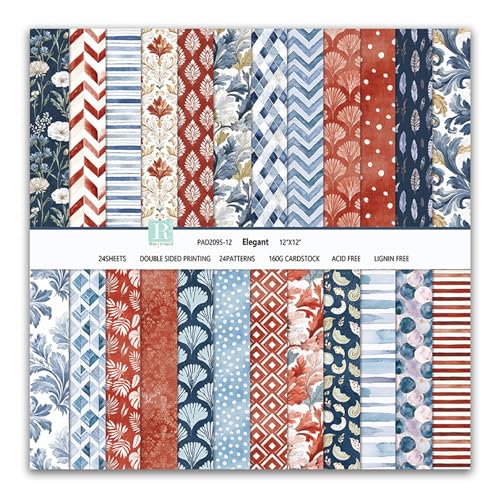 Scrapbook Papier Blumen Muster Scrapbook Bastelpapier, 24 Blat Doppelseitiges Boho Dekorpapier, MerwDeeyt Buntes Motivpapier für Journal Scrapbooking Fotoalbum Dekoration (Blau, 30,5x30,5 cm)