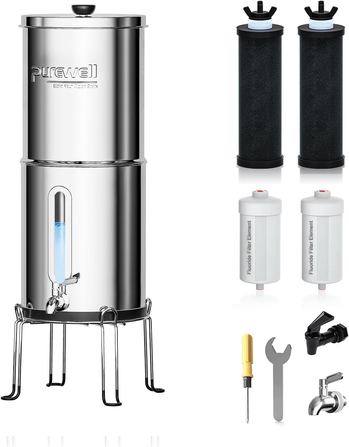 1.5G Gravity Water Filter System with Water Level Window, 8-Stage 0.01μm Ultra-Filtration Stainless Steel Countertop System with 4 Filters and Stand, Reduce Fluoride and Chlorine, PW-MKS-CF