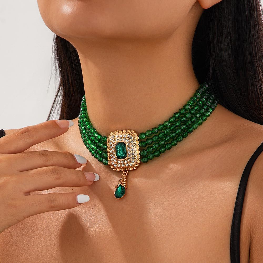 Wiwpar Boho 4 Tier Beaded Necklace Crystal Rhinestone Beads Strand Layered Choker Necklace Crystal Bead Pendant Multilayer Chain 1920s Necklace Party Prom Bar Costume Accessory for Women - Image 4