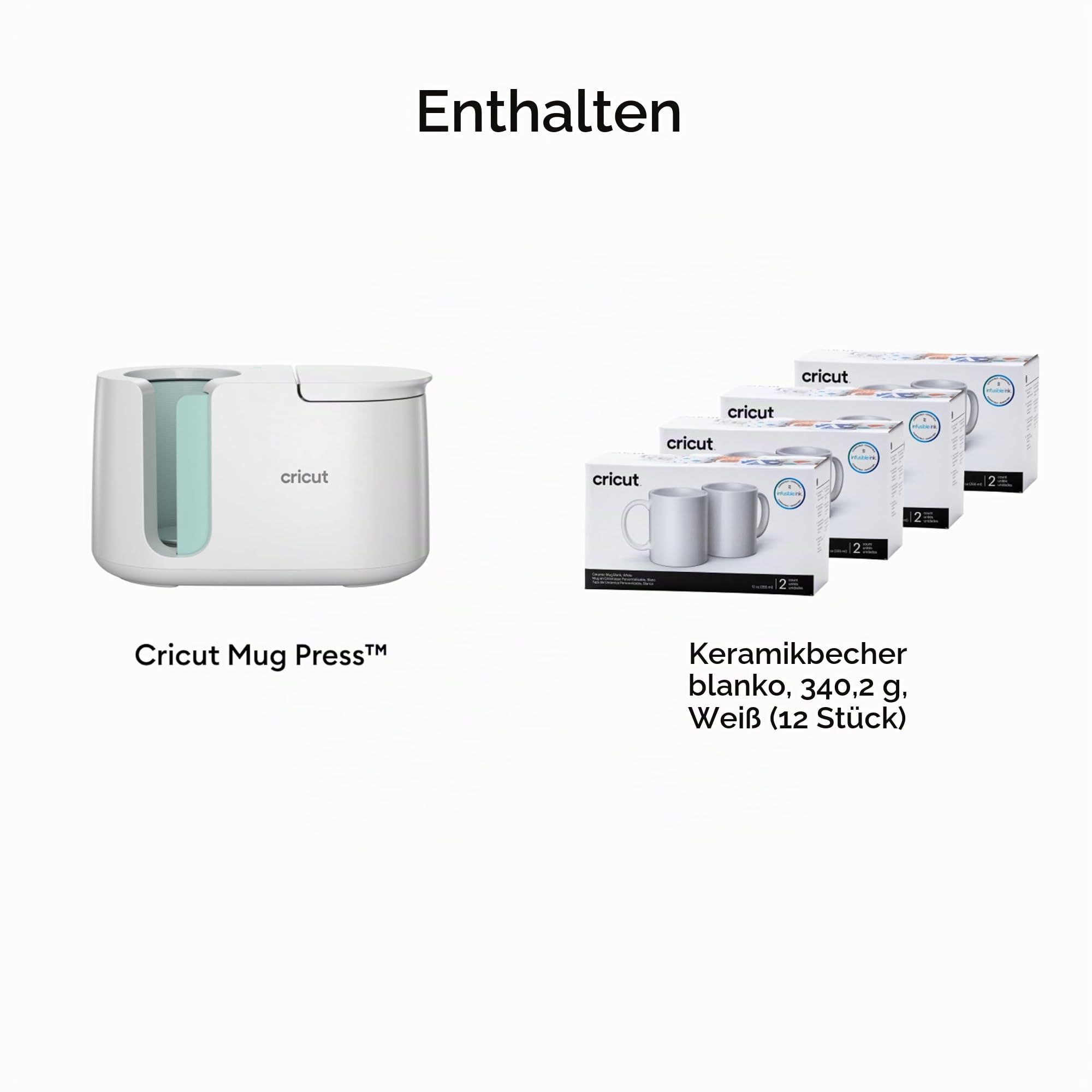 Cricut Tassenpress-Starter-Set – inklusive Tassen-Wärmepresse und 12 leeren Keramiktassen (weiß, 340 ml)