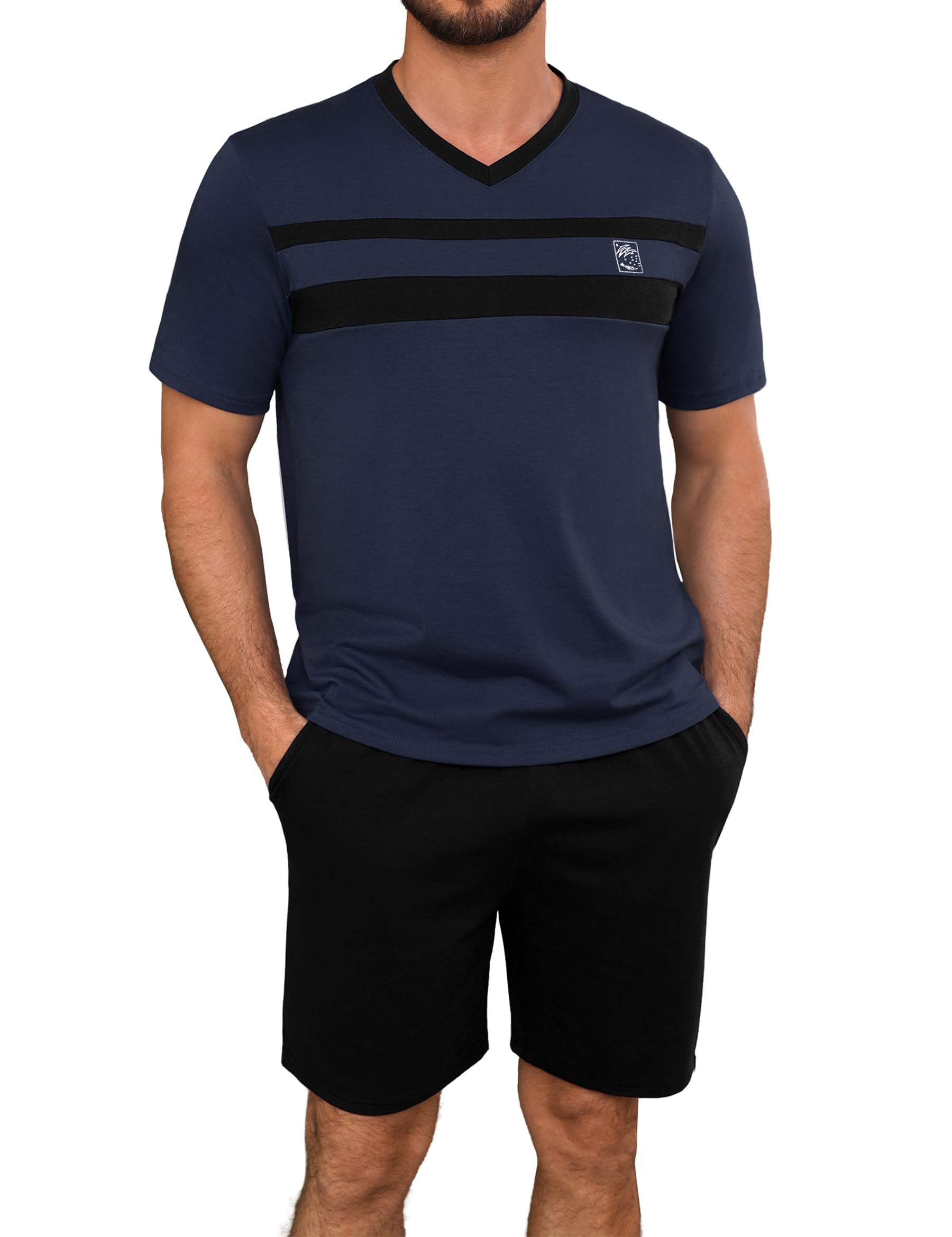 Marvmys Schlafanzug Herren Kurzarm Baumwolle Sommer PyjamaSet V-Ausschnitt Shorts